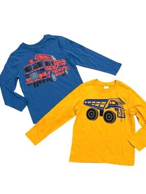Hanna Andersson Blue Fire Truck & Yellow Dump Truck Long-Sleeve Tee Set